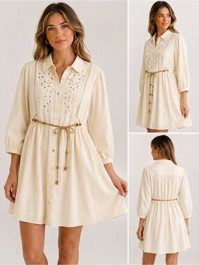 ZARA BABY DOLL EMPIRE WAIST SHIRT DRESS WITH MACRAMÉ BELT NEUTRAL SIZE XL NWT